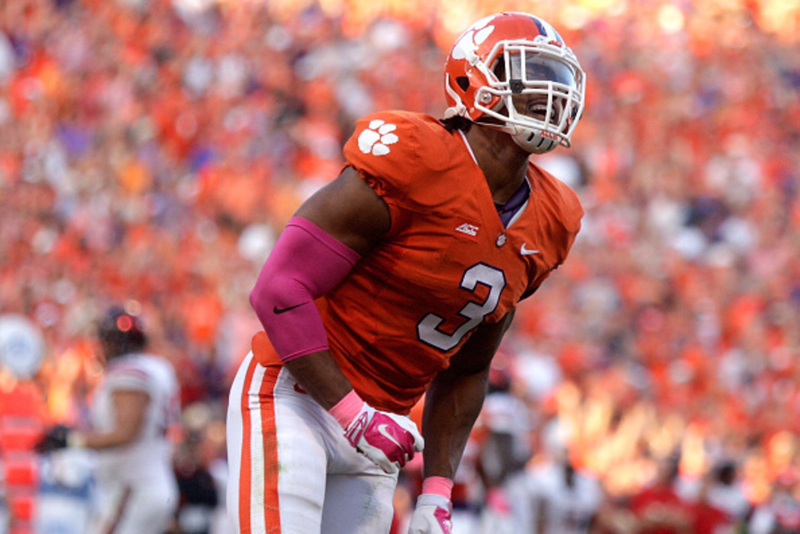 CLEMSON, SC - OCTOBER 11:  Vic Beasley #3 of the Clemson Tigers reacts after blocking a pass attempt against the Louisville Cardinals during the game at Memorial Stadium on October 11, 2014 in Clemson, South Carolina. (Photo by Tyler Smith/Getty Images)