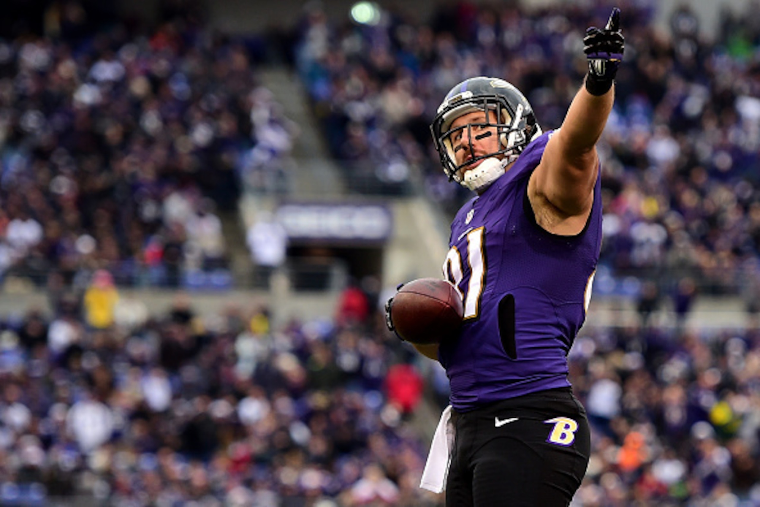BALTIMORE, MD - DECEMBER 14: Tight end Owen Daniels #81 of the Baltimore Ravens signals after a long third quarter reception against the Jacksonville Jaguars at M&T Bank Stadium on December 14, 2014 in Baltimore, Maryland. (Photo by Patrick Smith/Getty Im