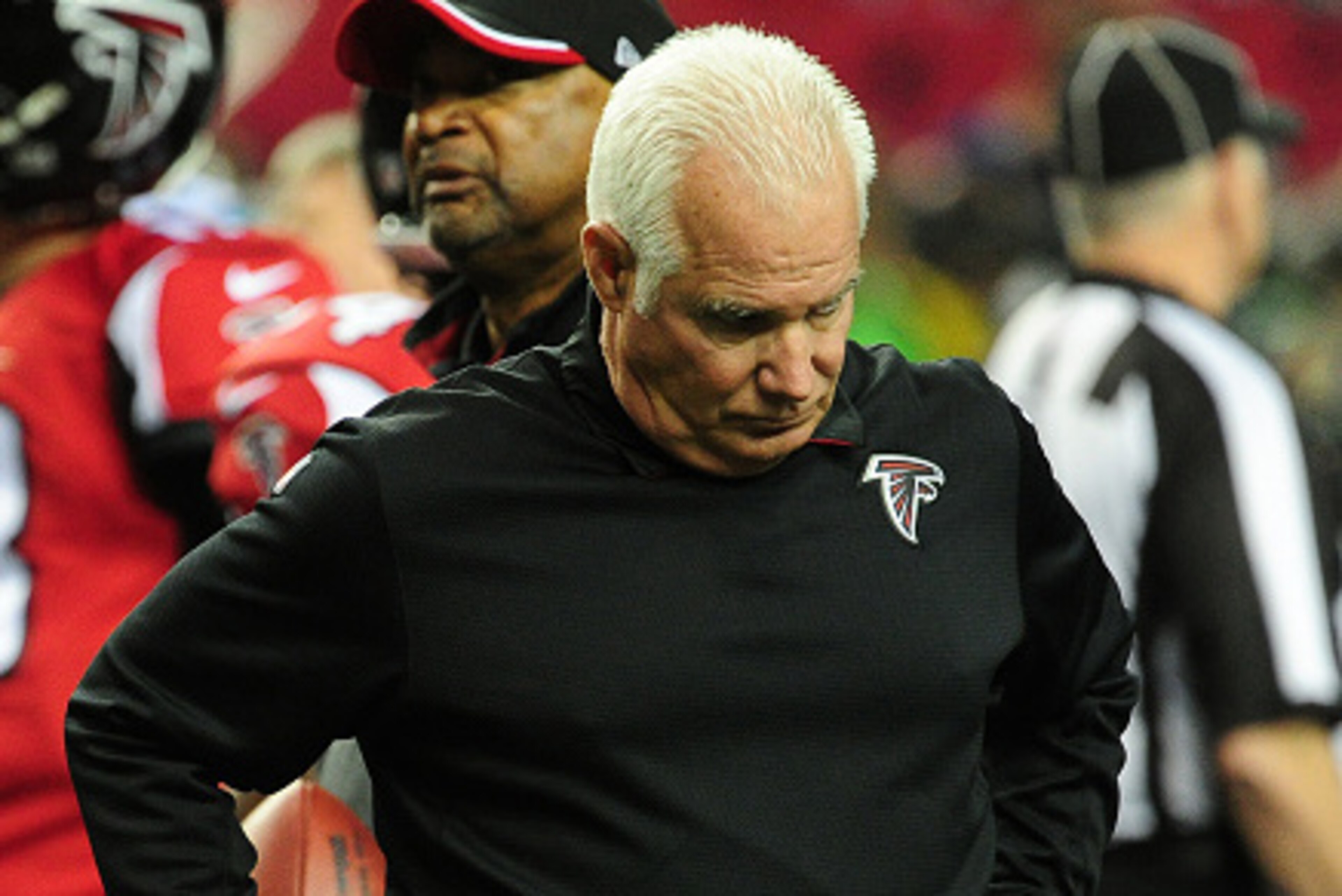 ATLANTA, GA - DECEMBER 28: Head Coach Mike Smith of the Atlanta Falcons during warmups for the game against the Carolina Panthers at the Georgia Dome on December 28, 2014 in Atlanta, Georgia.  (Photo by Scott Cunningham/Getty Images)