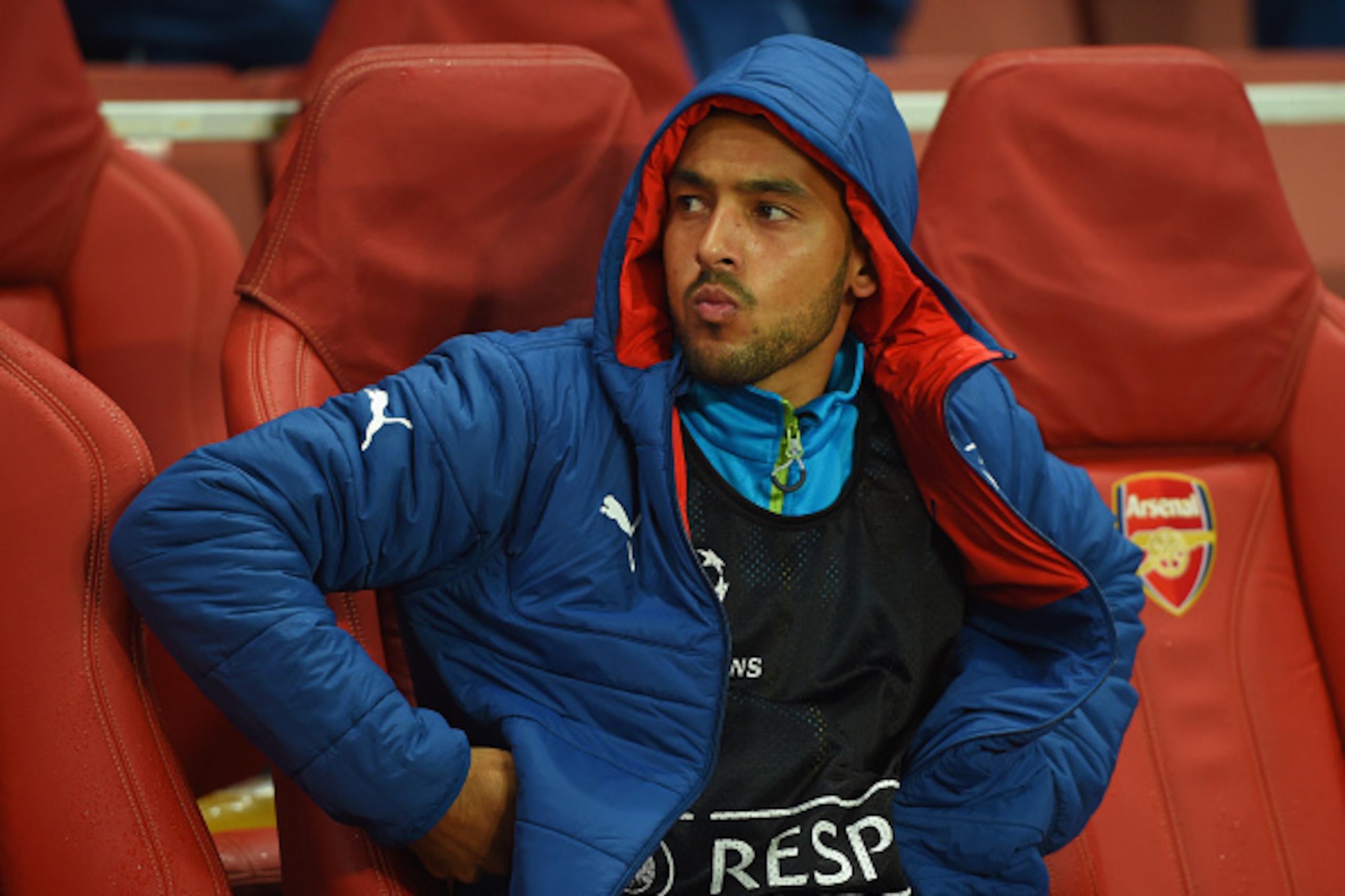 LONDON, ENGLAND - NOVEMBER 04:  Substitute Theo Walcott of Arsenal looks thoughtful as he sits on the bench prior to the UEFA Champions League Group D match between Arsenal FC and RSC Anderlecht at Emirates Stadium on November 4, 2014 in London, United Ki