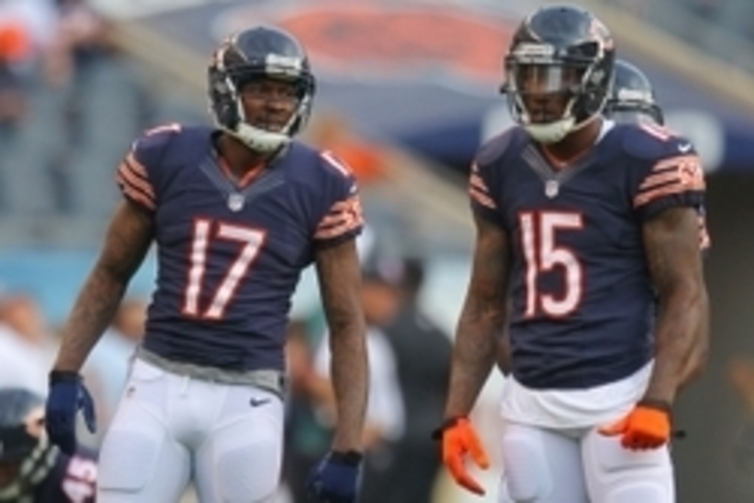 Aug 8, 2014; Chicago, IL, USA; Chicago Bears wide receiver Alshon Jeffery (L) and wide receiver Brandon Marshall (R) talk prior to a preseason game against the Philadelphia Eagles at Soldier Field. Mandatory Credit: Dennis Wierzbicki-USA TODAY Sports Aug 8, 2014; Chicago, IL, USA; Chicago Bears wide receiver Alshon Jeffery (L) and wide receiver Brandon Marshall (R) talk prior to a preseason game against the Philadelphia Eagles at Soldier Field. Mandatory Credit: Dennis Wierzbicki-USA TODAY Sports
