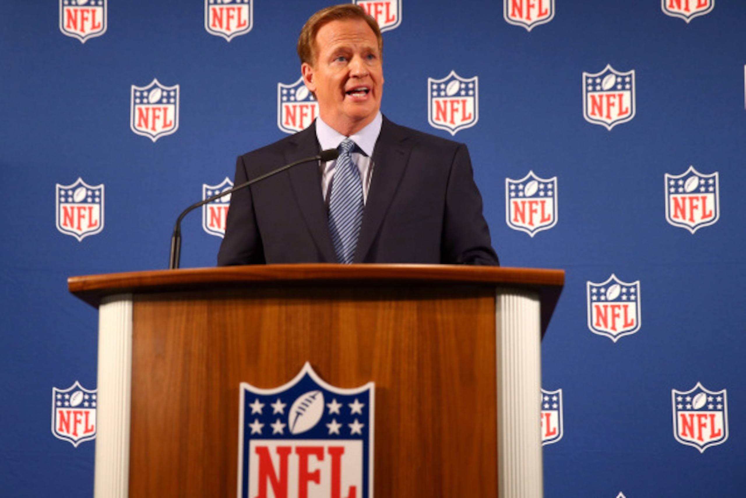 NEW YORK, NY - SEPTEMBER 19:  NFL Commissioner Roger Goodell talks during a press conference at the Hilton Hotel on September 19, 2014 in New York City. Goodell spoke about the NFL's failure to address domestic violence, sexual assault and drug abuse in t