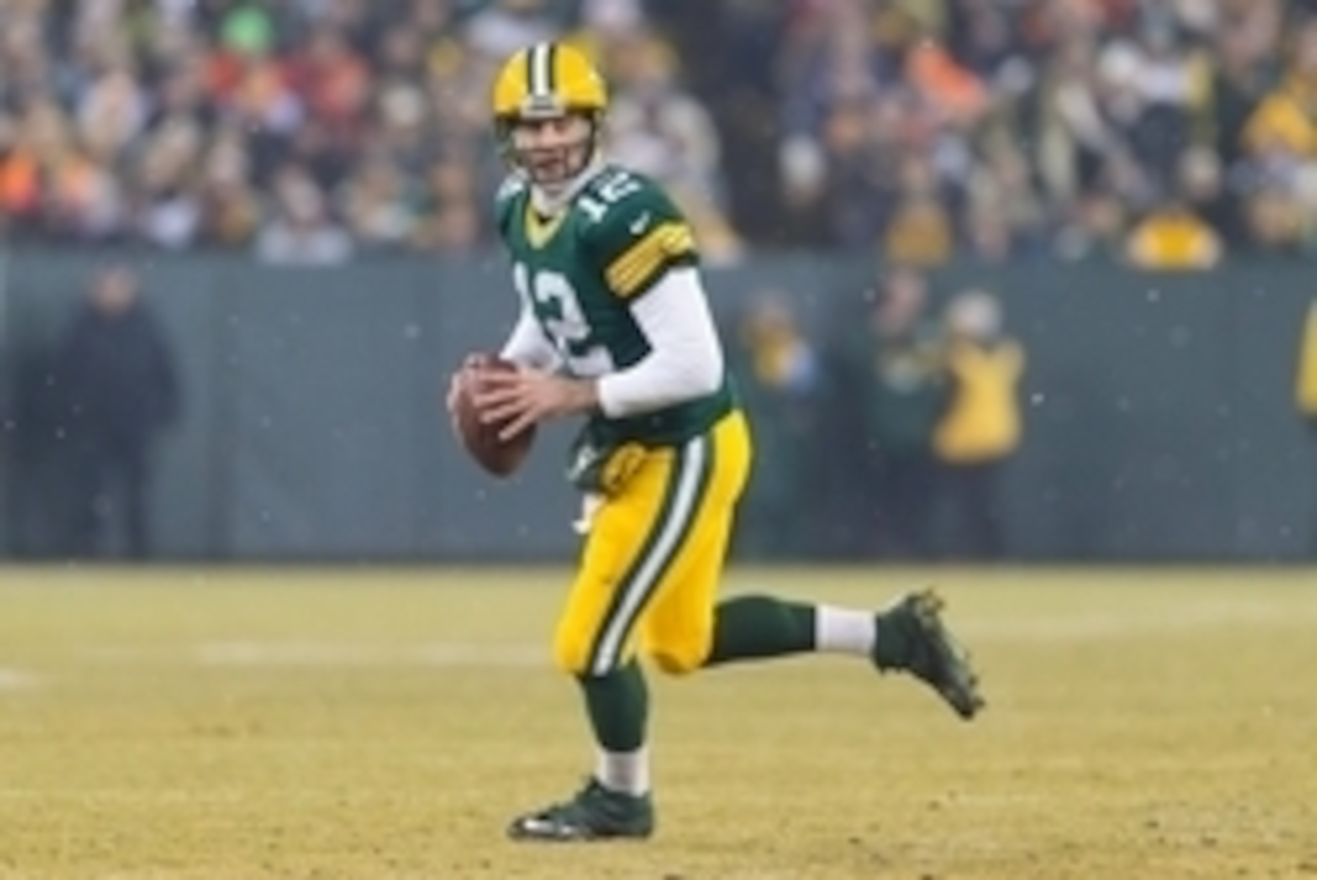 Dec 8, 2014; Green Bay, WI, USA; Green Bay Packers quarterback Aaron Rodgers (12) during the game against the Atlanta Falcons at Lambeau Field.  Green Bay won 43-37.  Mandatory Credit: Jeff Hanisch-USA TODAY Sports