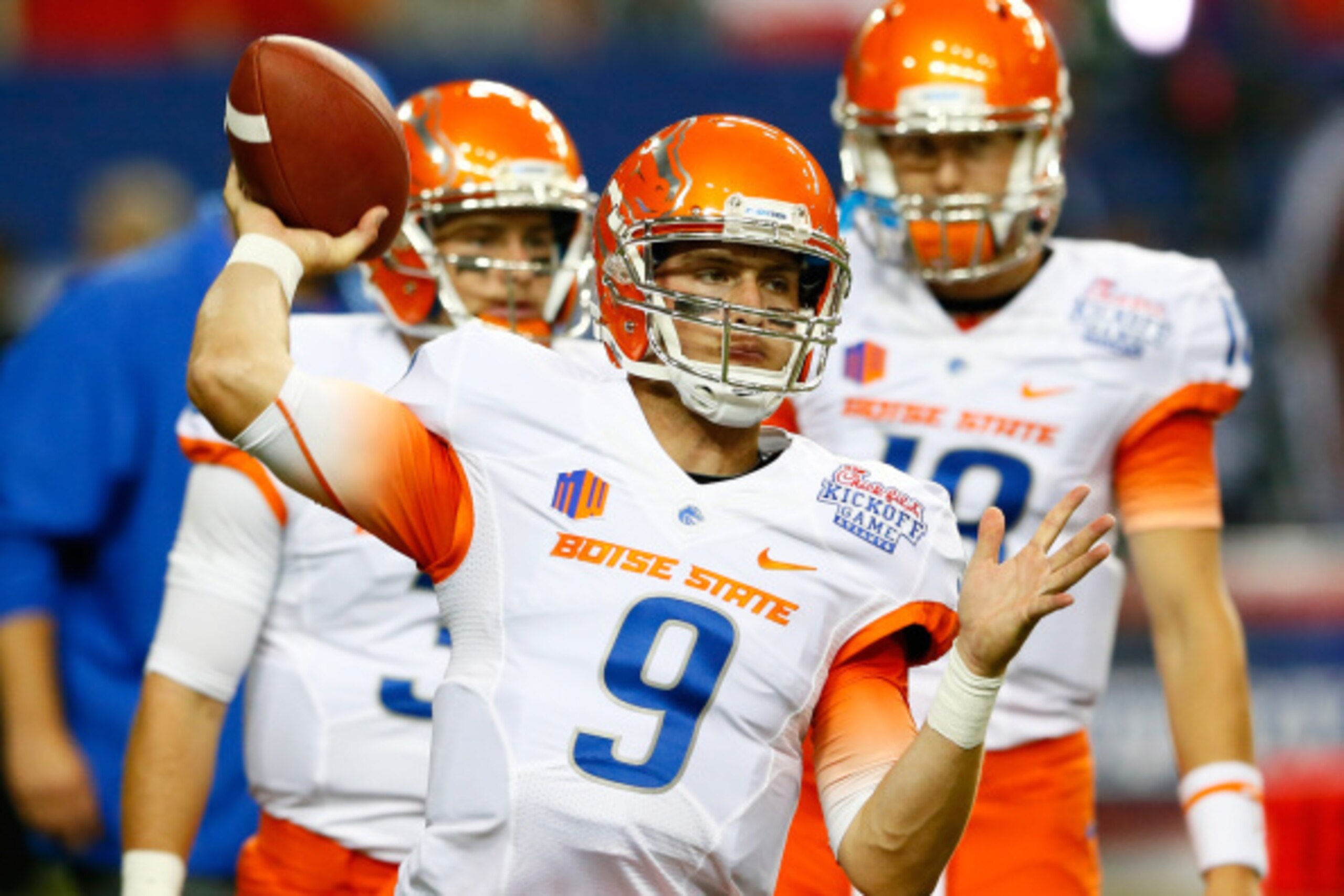 ATLANTA, GA - AUGUST 28:  Grant Hedrick #9 of the Boise State Broncos warms up prior to facing the Mississippi Rebels at Georgia Dome on August 28, 2014 in Atlanta, Georgia.  (Photo by Kevin C. Cox/Getty Images)