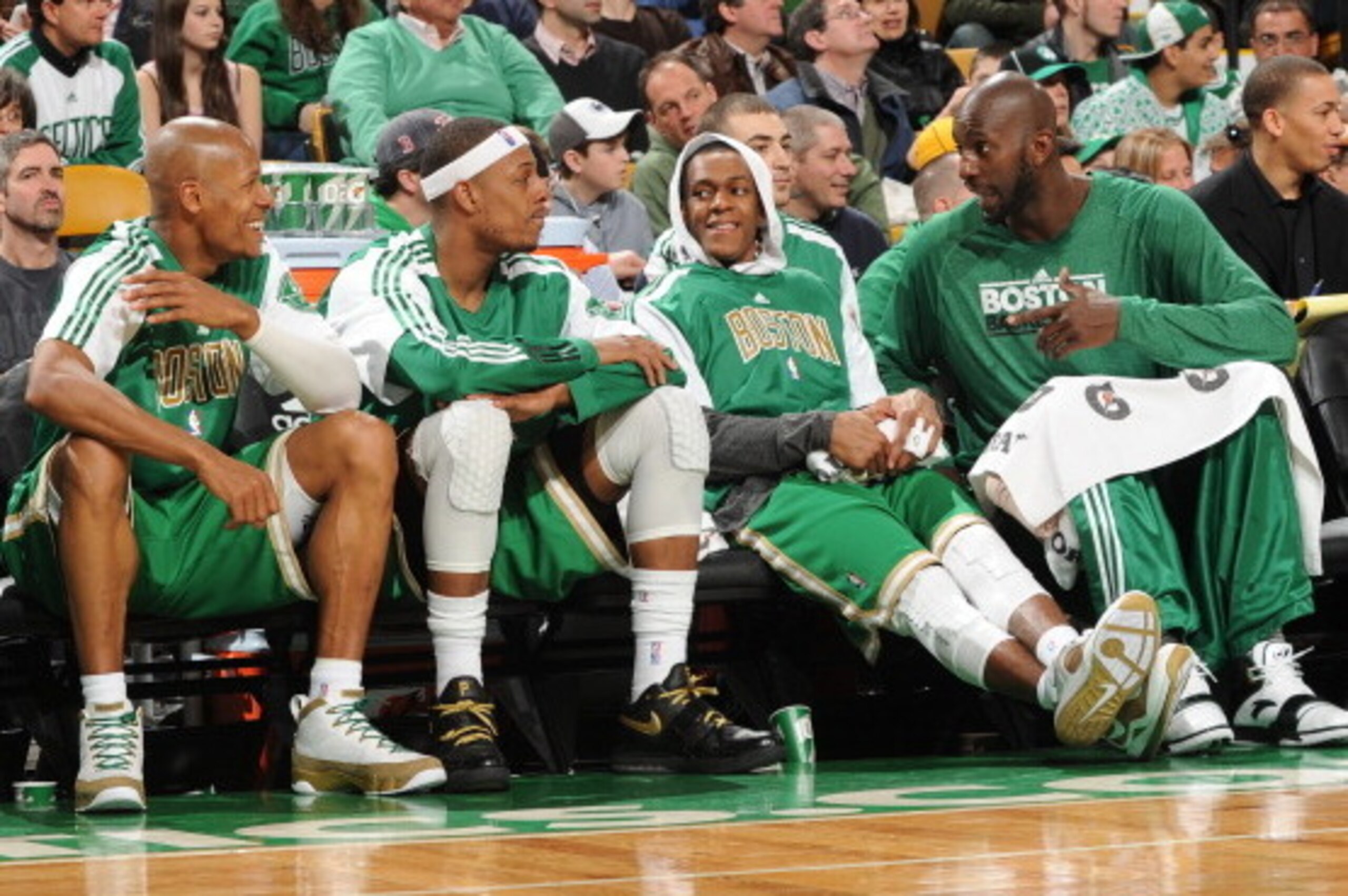 BOSTON, MA - MARCH 13: Ray Allen #20 Paul Pierce #34 Rajon Rondo #9 and Kevin Garnett #5 of the Boston Celtics talk on the bench during a game against the Milwaukee Bucks on March 13, 2011 at the TD Garden in Boston, Massachusetts.  NOTE TO USER: User exp