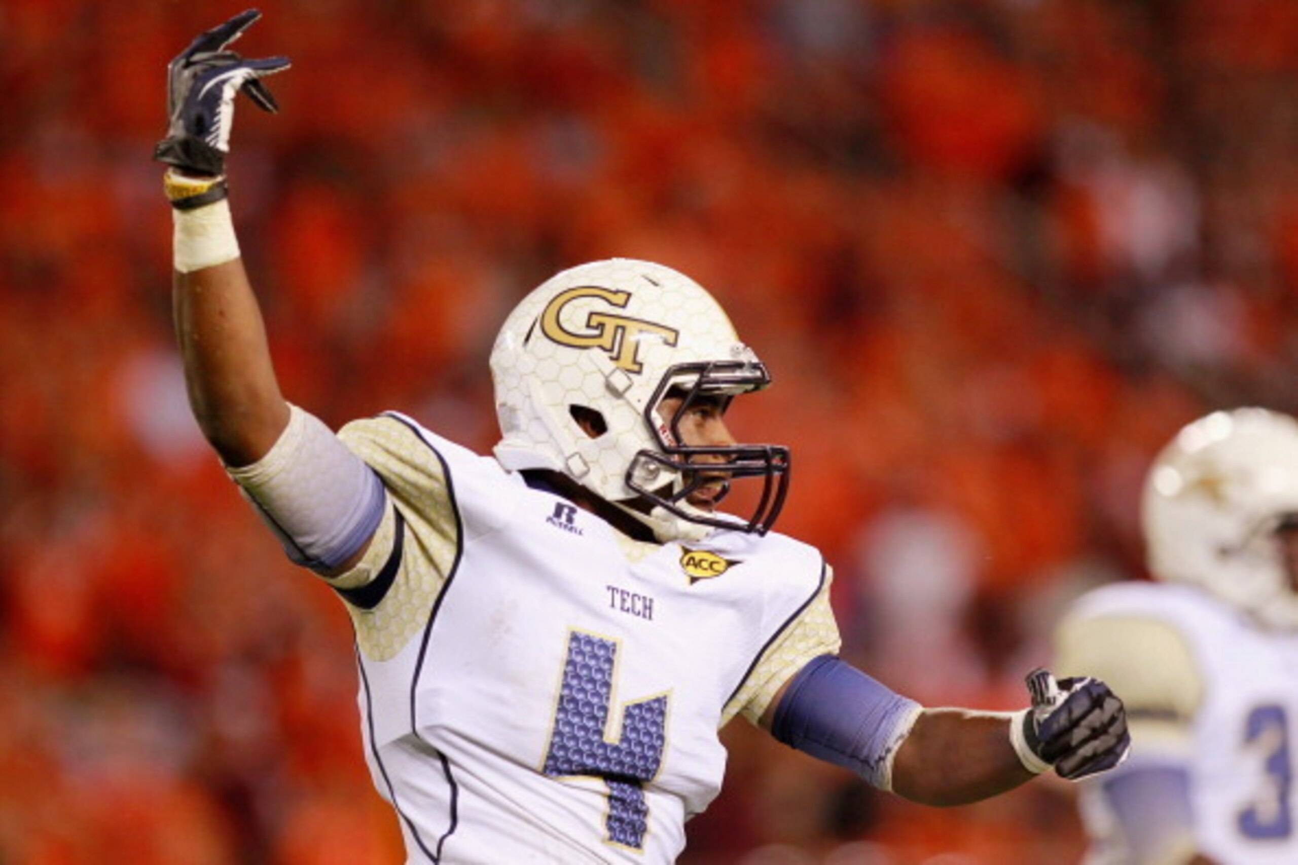 BLACKSBURG, VA - SEPTEMBER 03:  Defensive back Jamal Golden #4 of the Georgia Tech Yellow Jackets gestures on the field against the Virginia Tech Hokies at Lane Stadium on September 3, 2012 in Blacksburg, Virginia.  (Photo by Geoff Burke/Getty Images)