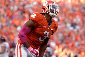 CLEMSON, SC - OCTOBER 11:  Vic Beasley #3 of the Clemson Tigers reacts after blocking a pass attempt against the Louisville Cardinals during the game at Memorial Stadium on October 11, 2014 in Clemson, South Carolina. (Photo by Tyler Smith/Getty Images)