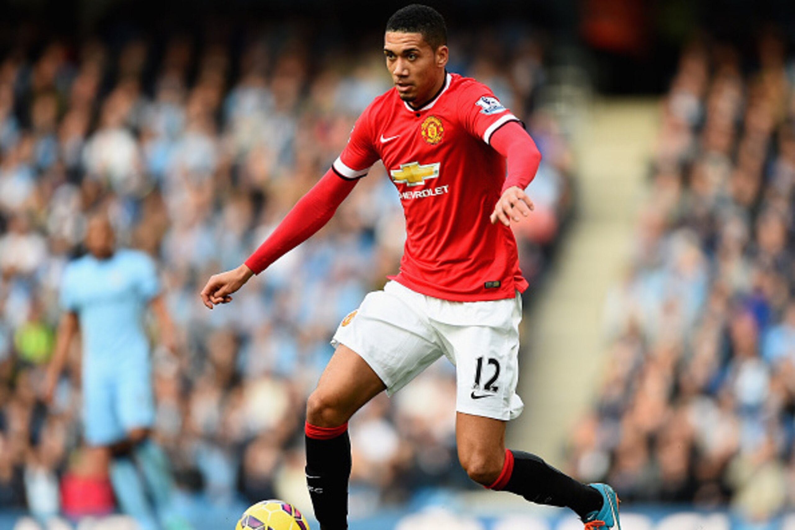 MANCHESTER, ENGLAND - NOVEMBER 02:  Chris Smalling of Manchester United in action during the Barclays Premier League match between Manchester City and Manchester United at Etihad Stadium on November 2, 2014 in Manchester, England.  (Photo by Laurence Grif