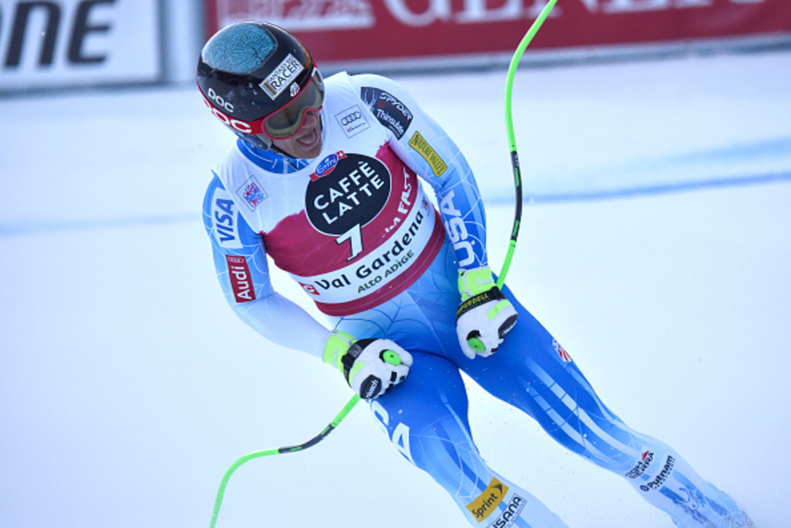 VAL GARDENA, ITALY - DECEMBER 19: (FRANCE OUT) Steven Nyman of the USA takes 1st place during the Audi FIS Alpine Ski World Cup Men's Downhill on December 19, 2014 in Val Gardena, Italy. (Photo by Francis Bompard/Agence Zoom/Getty Images)