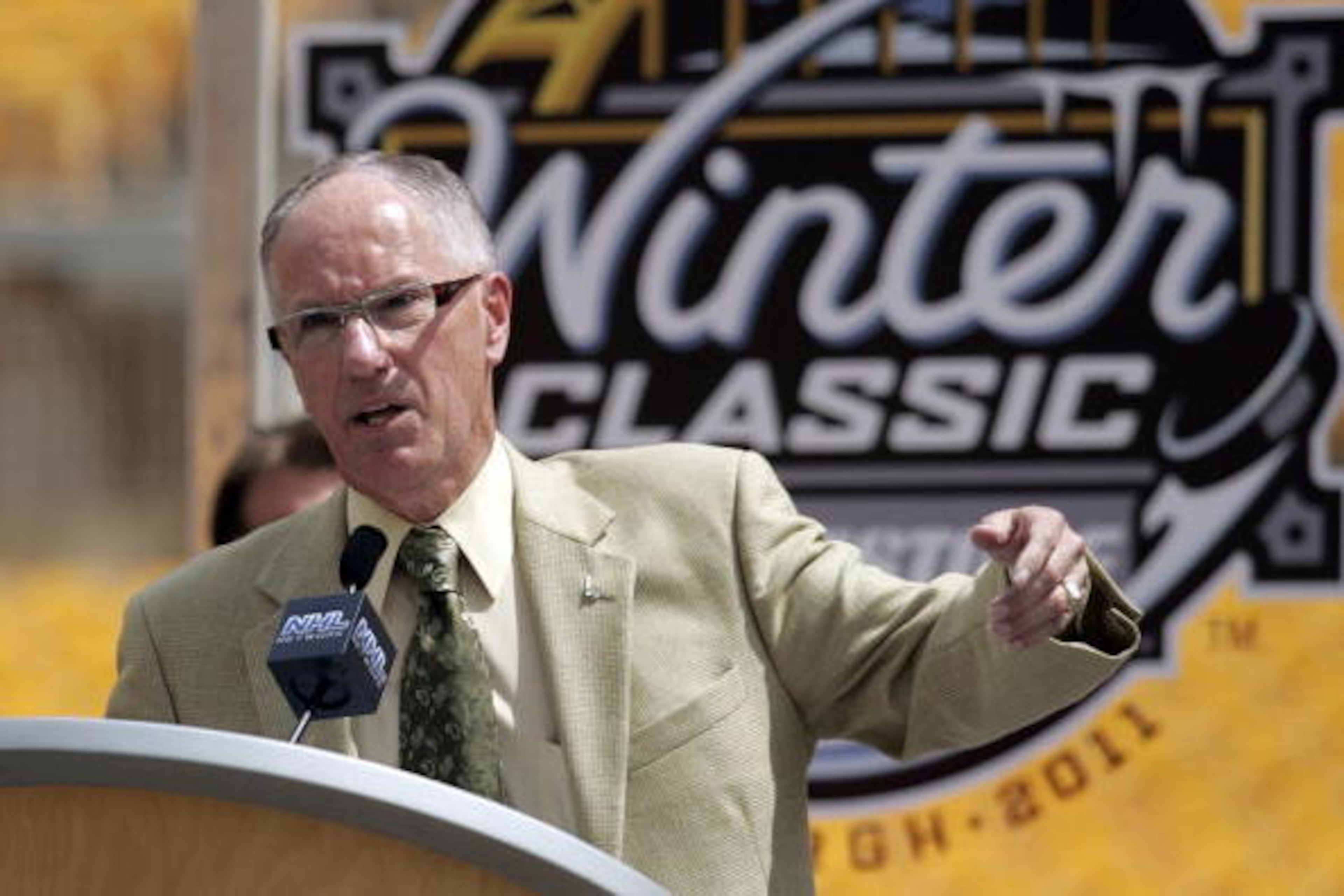 PITTSBURGH - JULY 27:  Mike Emrick addresses the media at the 2011 Bridgestone NHL Winter Classic press conference on July 27, 2010 at Heinz Field in Pittsburgh, Pennsylvania.  (Photo by Justin K. Aller/Getty Images)