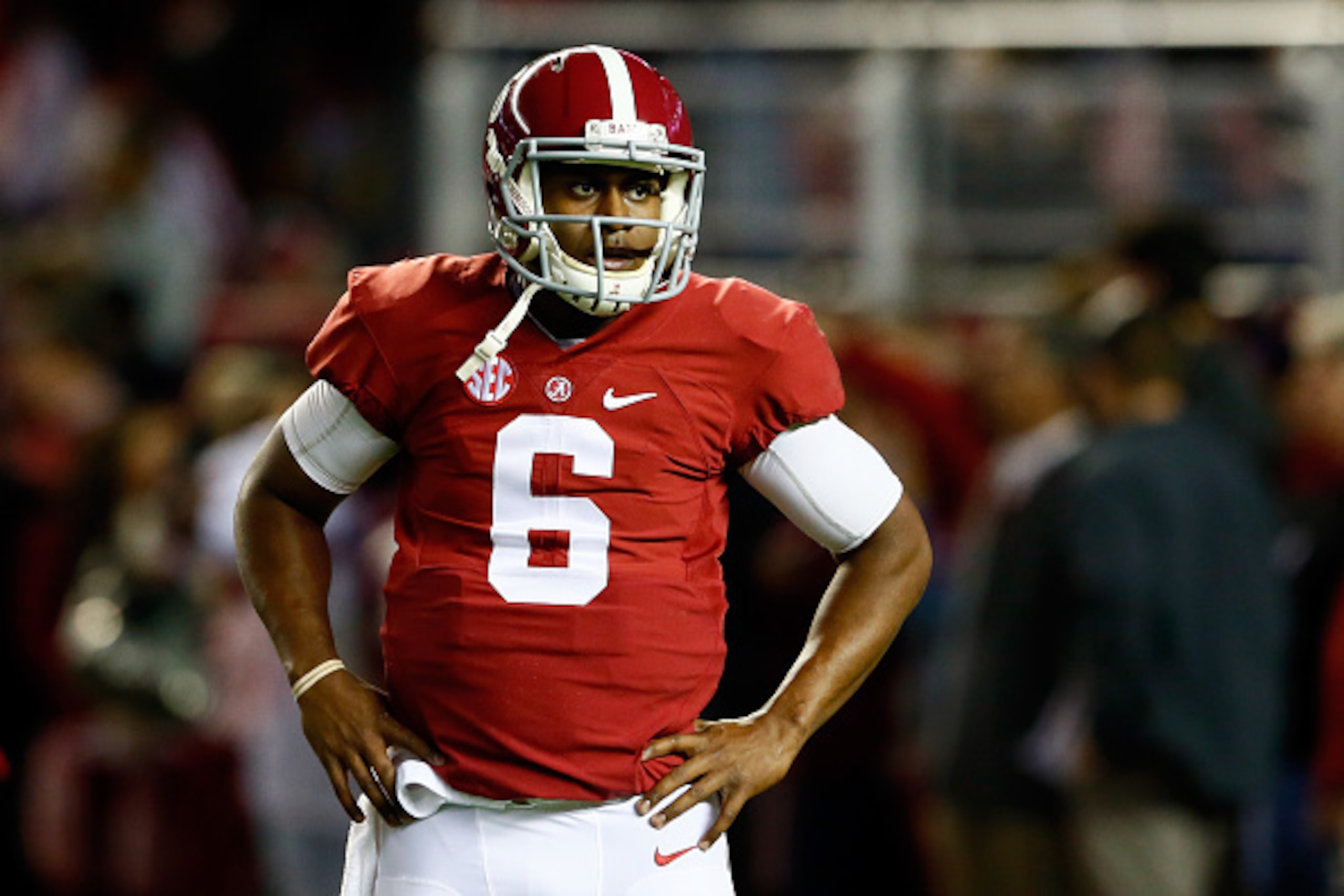 TUSCALOOSA, AL - NOVEMBER 29:  Blake Sims #6 of the Alabama Crimson Tide looks on during warm-ups prior to the Iron Bowl against the Auburn Tigers at Bryant-Denny Stadium on November 29, 2014 in Tuscaloosa, Alabama.  (Photo by Kevin C. Cox/Getty Images)