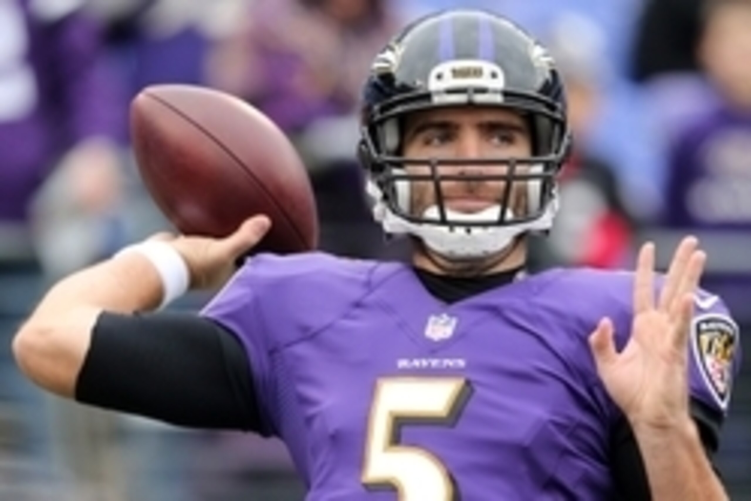 Dec 14, 2014; Baltimore, MD, USA; Baltimore Ravens quarterback Joe Flacco (5) prior to the game against the Jacksonville Jaguars at M&T Bank Stadium. Mandatory Credit: Mitch Stringer-USA TODAY Sports