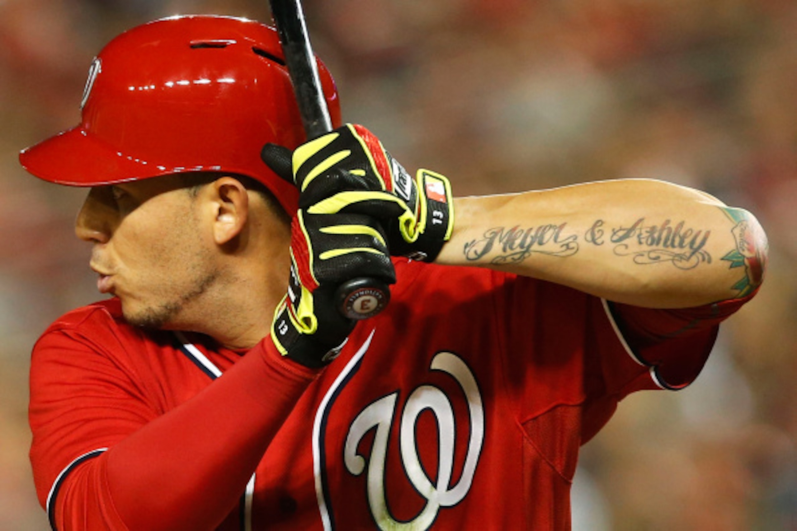 WASHINGTON, DC - AUGUST 02:  Asdrubal Cabrera #3 of the Washington Nationals waits for a pitch in the batter's box during the fourth inning of an 11-0 win over the Philadelphia Phillies at Nationals Park on August 2, 2014 in Washington, DC.  (Photo by Jon