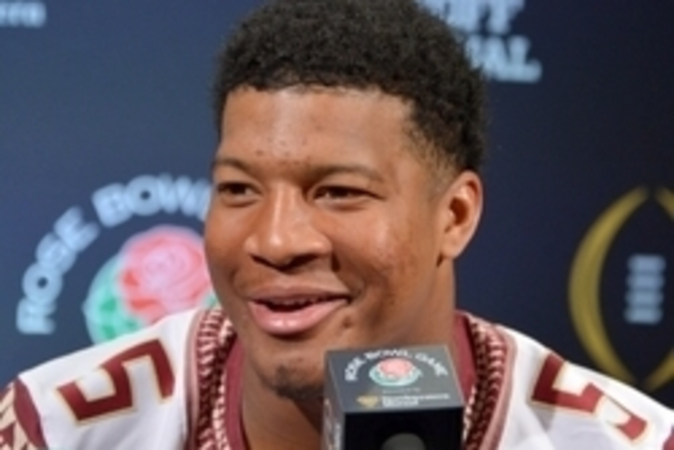 Dec 29, 2014; Los Angeles, CA, USA; Florida State Seminoles quarterback Jameis Winston (5) at media day for the 2015 Rose Bowl at the L.A. Hotel Downtown. Mandatory Credit: Kirby Lee-USA TODAY Sports