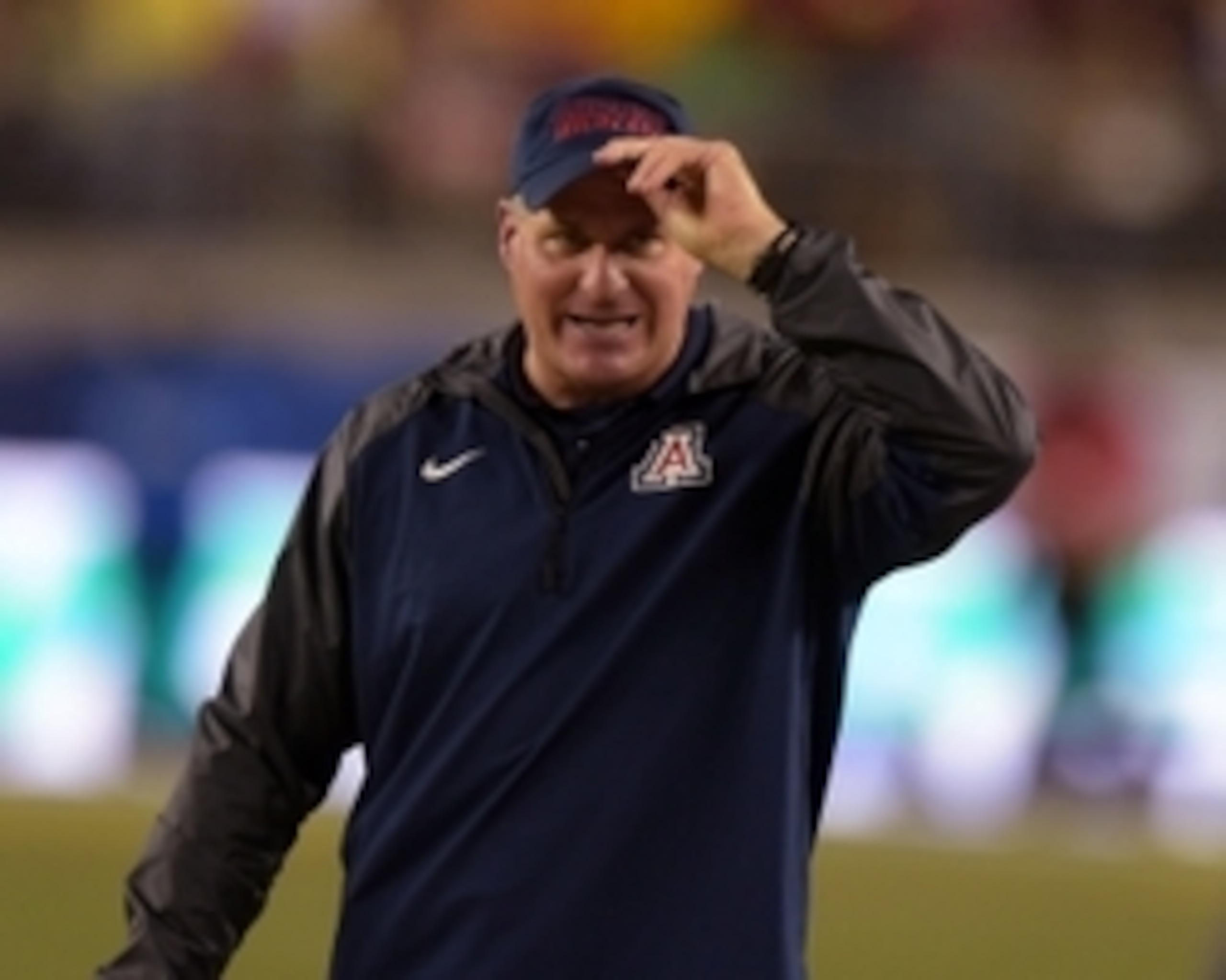 Dec 5, 2014; Santa Clara, CA, USA; Arizona Wildcats coach Rich Rodriguez looks on from the sidelines against the Oregon Ducks in the Pac-12 Championship  at Levi's Stadium. Mandatory Credit: Kirby Lee-USA TODAY Sports