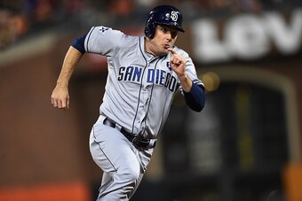 SAN FRANCISCO, CA - SEPTEMBER 26: Seth Smith #12 of the San Diego Padres rounds third base to score against the San Francisco Giants in the top of the six inning at AT&T Park on September 26, 2014 in San Francisco, California. (Photo by Thearon W. Henders