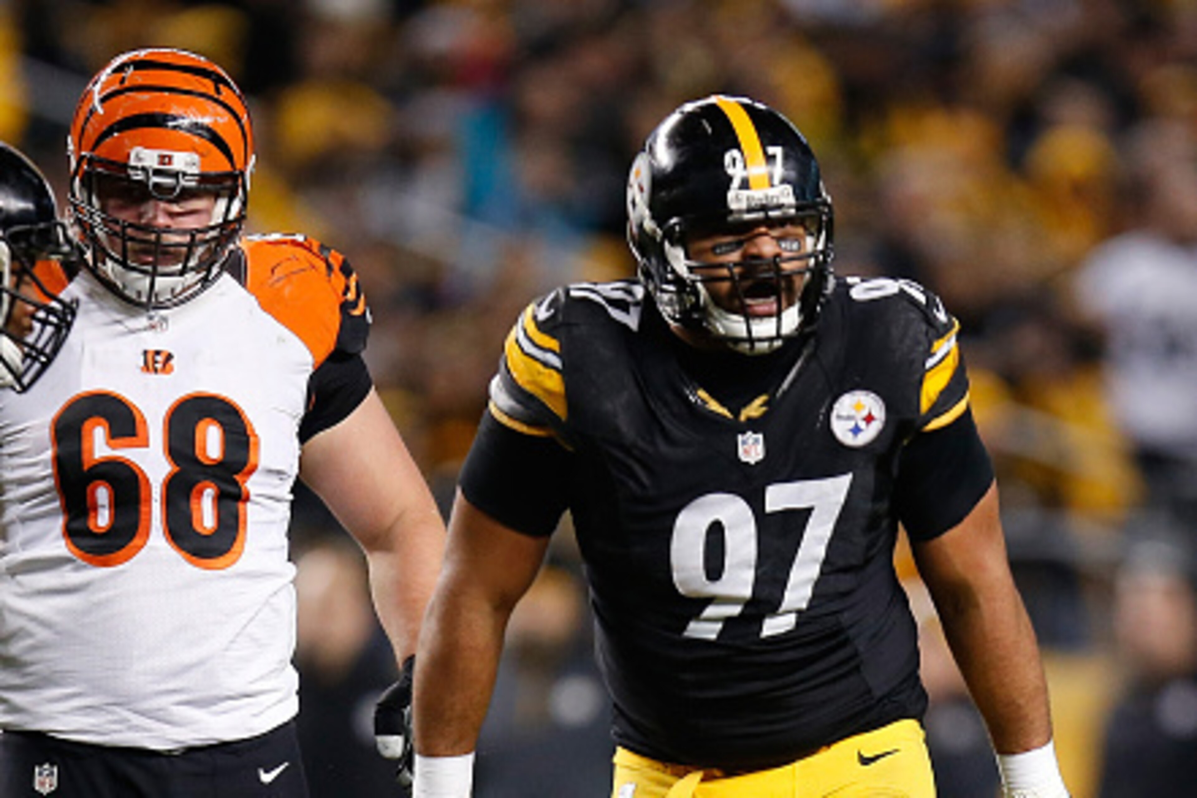 PITTSBURGH, PA - DECEMBER 28: Cameron Heyward #97 of the Pittsburgh Steelers reacts after sacking Andy Dalton #14 of the Cincinnati Bengals during the second quarter at Heinz Field on December 28, 2014 in Pittsburgh, Pennsylvania. (Photo by Gregory Sham PITTSBURGH, PA - DECEMBER 28: Cameron Heyward #97 of the Pittsburgh Steelers reacts after sacking Andy Dalton #14 of the Cincinnati Bengals during the second quarter at Heinz Field on December 28, 2014 in Pittsburgh, Pennsylvania. (Photo by Gregory Sham