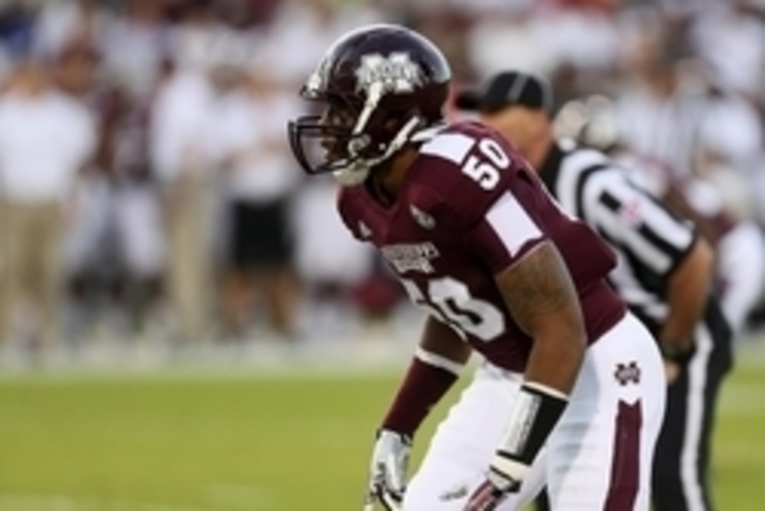 Sep 21, 2013; Starkville, MS, USA;  Mississippi State Bulldogs linebacker Benardrick McKinney (50) prepares for the play during the game against the Troy Trojans at Davis Wade Stadium.  Mississippi State won 62-7.  Mandatory Credit: Spruce Derden-USA TODA