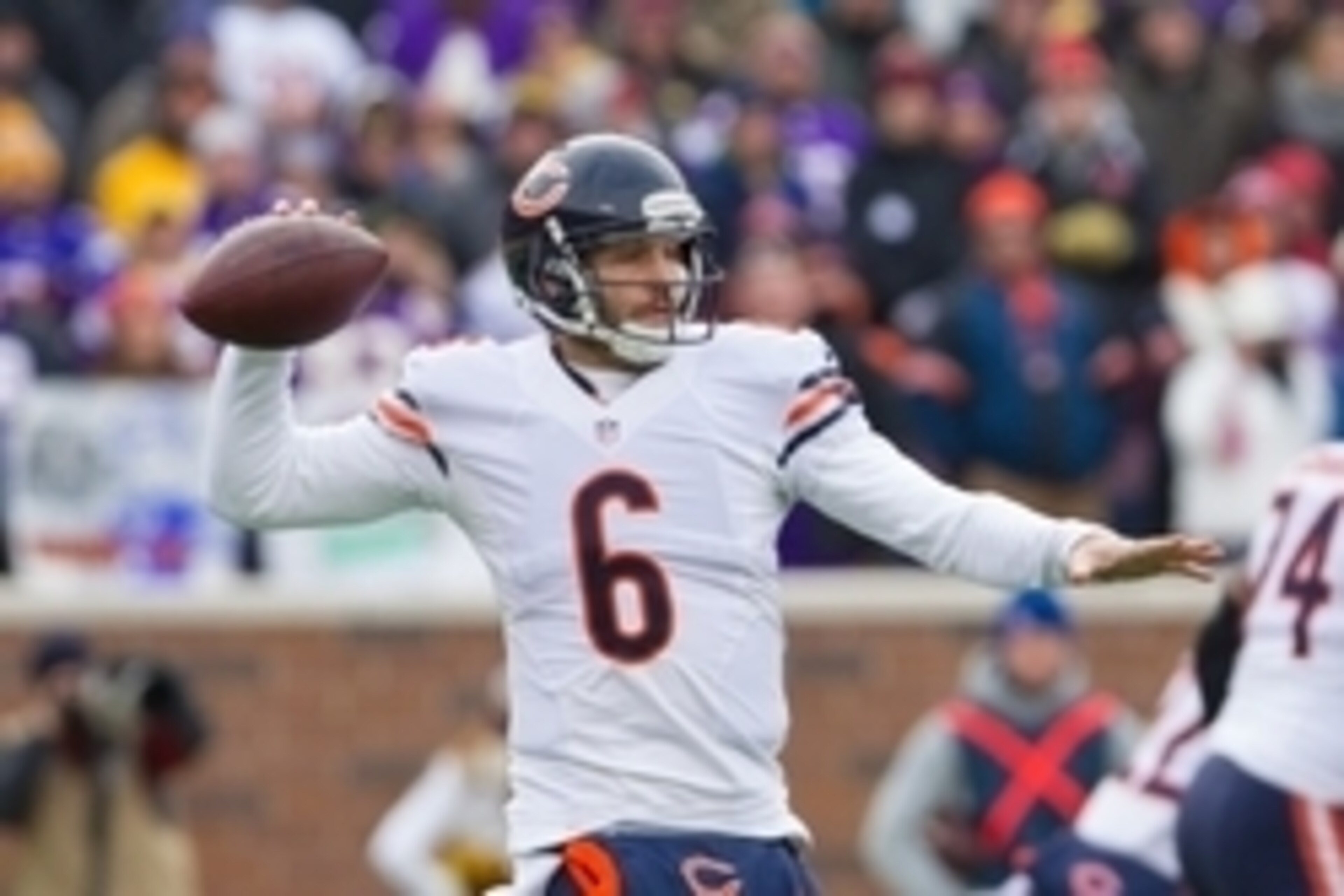 Dec 28, 2014; Minneapolis, MN, USA; Chicago Bears quarterback Jay Cutler (6) throws in the first quarter against the Minnesota Vikings at TCF Bank Stadium. Mandatory Credit: Brad Rempel-USA TODAY Sports
