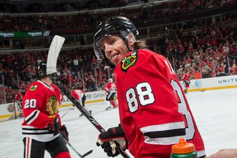 CHICAGO, IL - DECEMBER 29:  Patrick Kane #88 of the Chicago Blackhawks sticks out his toungue prior to the NHL game against the Nashville Predators at the United Center on December 29, 2014 in Chicago, Illinois.  (Photo by Bill Smith/NHLI via Getty Images