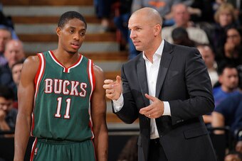 SACRAMENTO, CA - DECEMBER 18: Head coach Jason Kidd of the Milwaukee Bucks coaches Brandon Knight #11 against the Sacramento Kings on December 18, 2014 at Sleep Train Arena in Sacramento, California. NOTE TO USER: User expressly acknowledges and agrees th