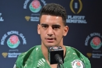 Dec 29, 2014; Los Angeles, CA, USA; Oregon Ducks quarterback Marcus Mariota (8) at media day for the 2015 Rose Bowl at the L.A. Hotel Downtown. Mandatory Credit: Kirby Lee-USA TODAY Sports