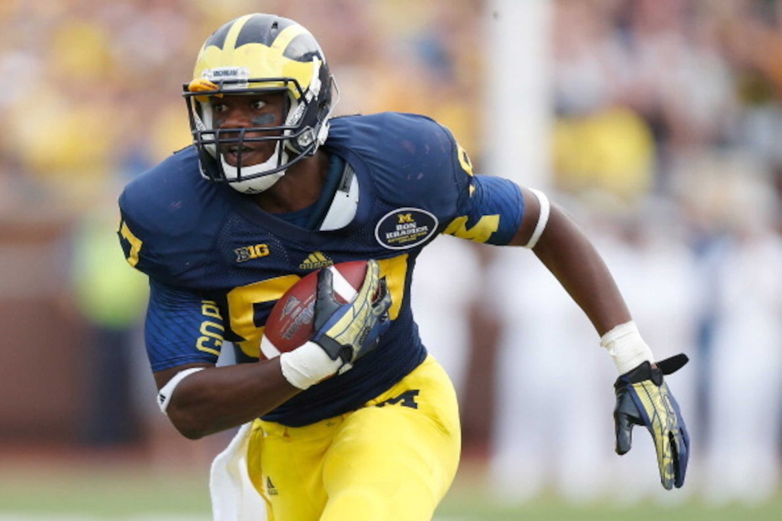 ANN ARBOR, MI - AUGUST 31: Devin Funchess #87 of the Michigan Wolverines runs for extra yards after a third quarter catch while playing the Central Michigan Chippewas at Michigan Stadium on August 31, 2013 in Ann Arbor, Michigan. Michigan won the 59-9. (P ANN ARBOR, MI - AUGUST 31: Devin Funchess #87 of the Michigan Wolverines runs for extra yards after a third quarter catch while playing the Central Michigan Chippewas at Michigan Stadium on August 31, 2013 in Ann Arbor, Michigan. Michigan won the 59-9. (P