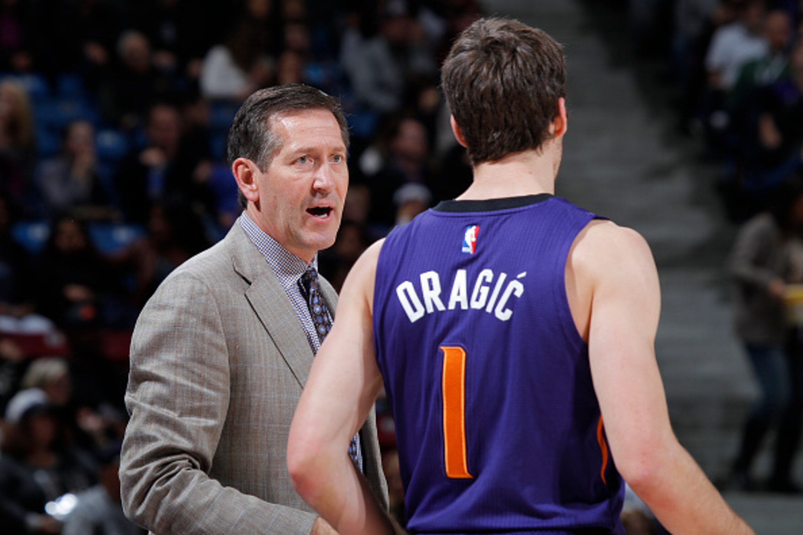 SACRAMENTO, CA - DECEMBER 26: Head coach Jeff Hornacek of the Phoenix Suns coaches Goran Dragic #1 against the Sacramento Kings on December 26, 2014 at Sleep Train Arena in Sacramento, California. NOTE TO USER: User expressly acknowledges and agrees that, SACRAMENTO, CA - DECEMBER 26: Head coach Jeff Hornacek of the Phoenix Suns coaches Goran Dragic #1 against the Sacramento Kings on December 26, 2014 at Sleep Train Arena in Sacramento, California. NOTE TO USER: User expressly acknowledges and agrees that,