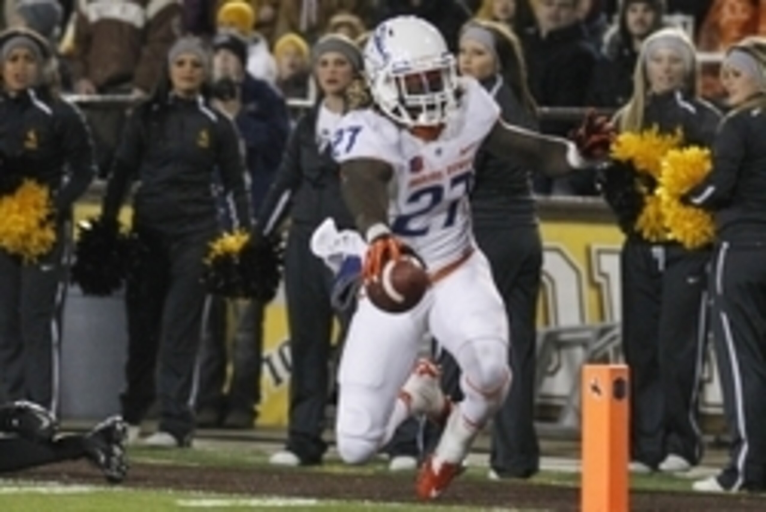Nov 22, 2014; Laramie, WY, USA; Boise State Broncos running back Jay Ajayi (27) scores a touchdown against the Wyoming Cowboys during the first quarter at War Memorial Stadium. Mandatory Credit: Troy Babbitt-USA TODAY Sports