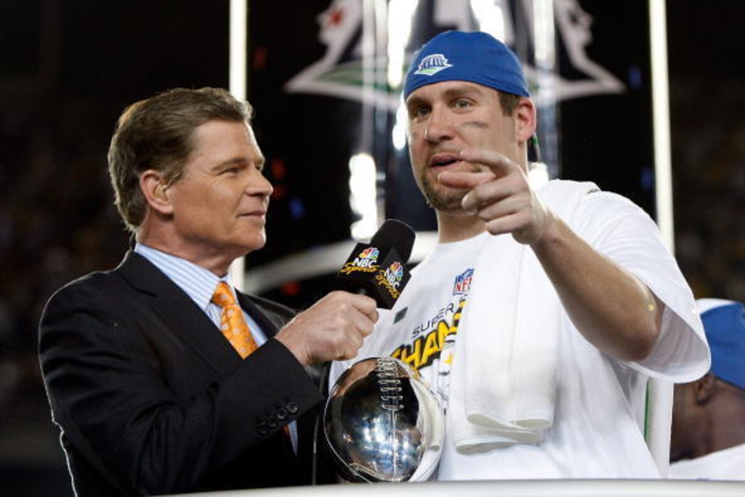 TAMPA, FL - FEBRUARY 01:  Quarterback Ben Roethlisberger #7 of the Pittsburgh Steelers celebrates with the Vince Lombardi trophy as he is interviewed by Dan Patrick from NBC after they won 27-23 the Arizona Cardinals during Super Bowl XLIII on February 1,