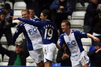 BIRMINGHAM, UNITED KINGDOM - MARCH 29:  Mauro Zarate of Birmingham celebrates his goal during the Barclays Premier League match between Birmingham City and Manchester City at St Andrews on March 29, 2008 in Birmingham, England.  (Photo by Jamie McDonald/G