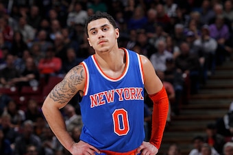 SACRAMENTO, CA - DECEMBER 27: Shane Larkin #0 of the New York Knicks looks on during the game against the Sacramento Kings on December 27, 2014 at Sleep Train Arena in Sacramento, California. NOTE TO USER: User expressly acknowledges and agrees that, by d