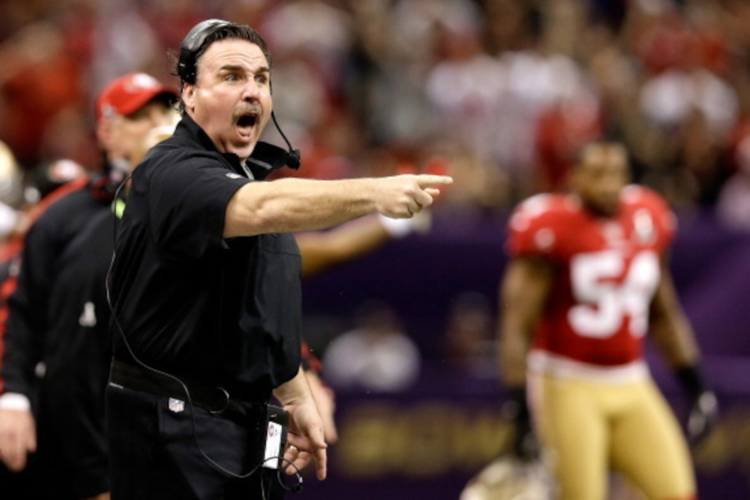 NEW ORLEANS, LA - FEBRUARY 03: Defensive line coach Jim Tomsula of the San Francisco 49ers reacts as he coachs against the Baltimore Ravens during Super Bowl XLVII at the Mercedes-Benz Superdome on February 3, 2013 in New Orleans, Louisiana. (Photo by E NEW ORLEANS, LA - FEBRUARY 03: Defensive line coach Jim Tomsula of the San Francisco 49ers reacts as he coachs against the Baltimore Ravens during Super Bowl XLVII at the Mercedes-Benz Superdome on February 3, 2013 in New Orleans, Louisiana. (Photo by E