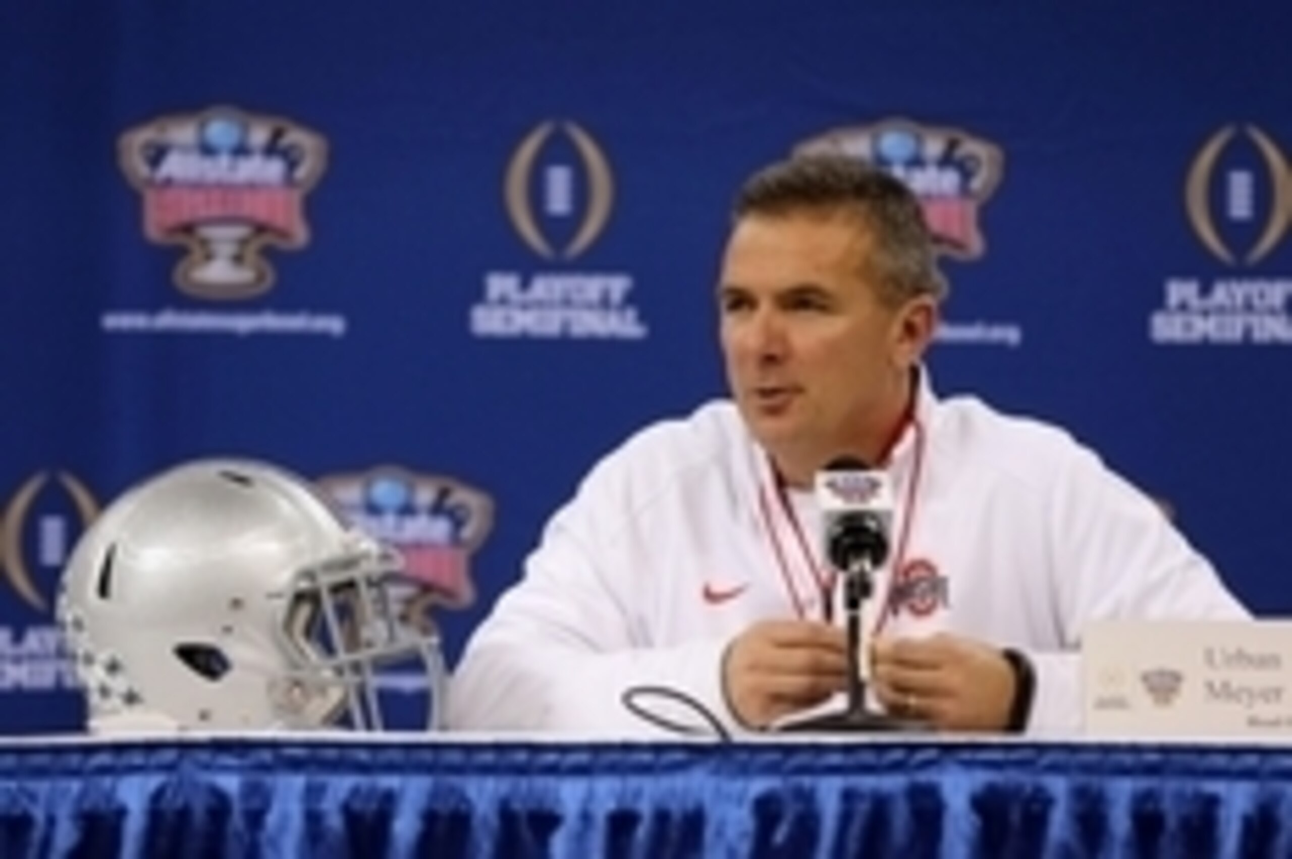 Dec 30, 2014; New Orleans, LA, USA; Ohio State Buckeyes head coach Urban Meyer during Sugar Bowl media day at the Mercedes-Benz Superdome. Mandatory Credit: Chuck Cook-USA TODAY Sports Dec 30, 2014; New Orleans, LA, USA; Ohio State Buckeyes head coach Urban Meyer during Sugar Bowl media day at the Mercedes-Benz Superdome. Mandatory Credit: Chuck Cook-USA TODAY Sports