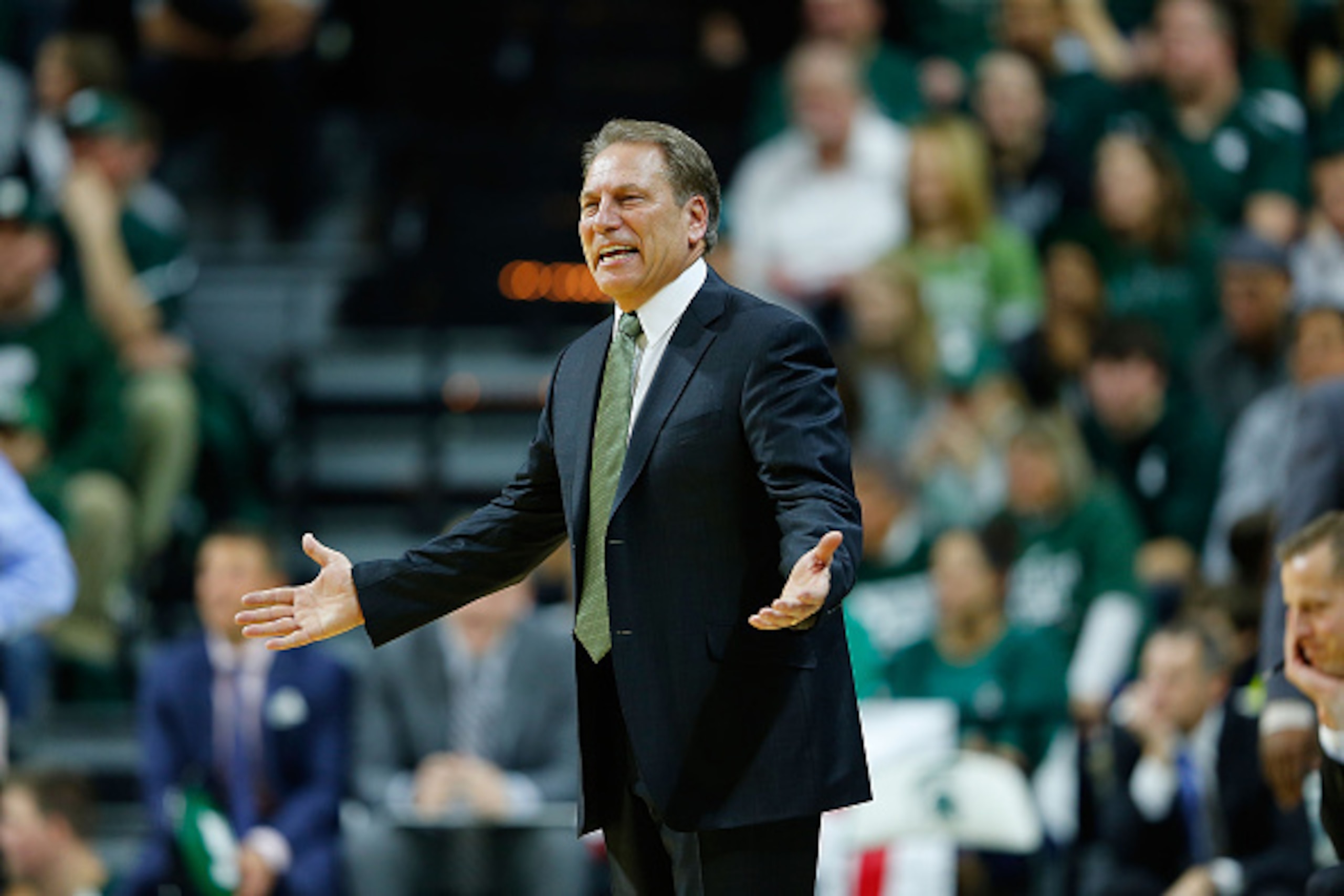 EAST LANSING, MI - DECEMBER 30:  Michigan State mens basketball coach Tom Izzo watches the action during the second half of the game against the Maryland Terrapins at Breslin Center on December 30, 2014 in East Lansing, Michigan. Maryland defeated Michiga