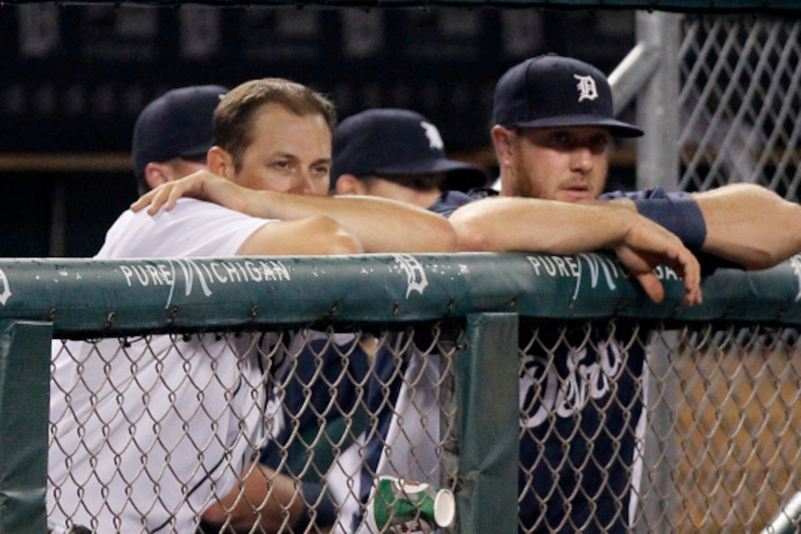 DETROIT, MI - SEPTEMBER 10:  Don Kelly #32 of the Detroit Tigers watches the ninth inning of a 3-0 loss to the Kansas City Royals with Bryan Holaday #50 at Comerica Park on September 10, 2014, in Detroit, Michigan. (Photo by Duane Burleson/Getty Images)