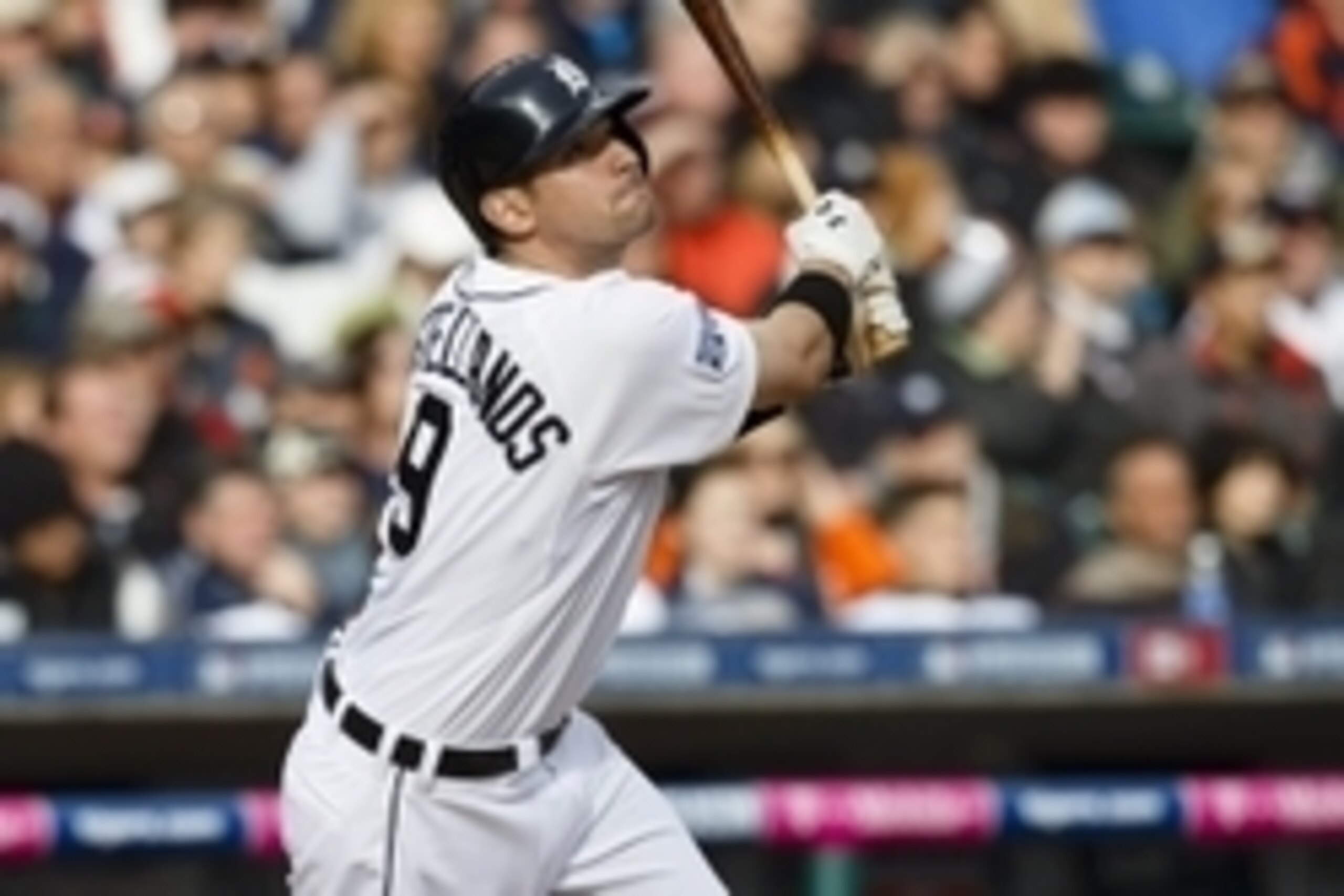 Oct 5, 2014; Detroit, MI, USA; Detroit Tigers third baseman Nick Castellanos (9) at bat against the Baltimore Orioles during game three of the 2014 ALDS baseball playoff game at Comerica Park. Mandatory Credit: Rick Osentoski-USA TODAY Sports