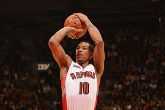 TORONTO, CANADA - NOVEMBER 13: DeMar DeRozan #10 of the Toronto Raptors shoots a free throw against the Chicago Bulls during the game on November 13, 2014 at the Air Canada Centre in Toronto, Ontario, Canada.  NOTE TO USER: User expressly acknowledges and