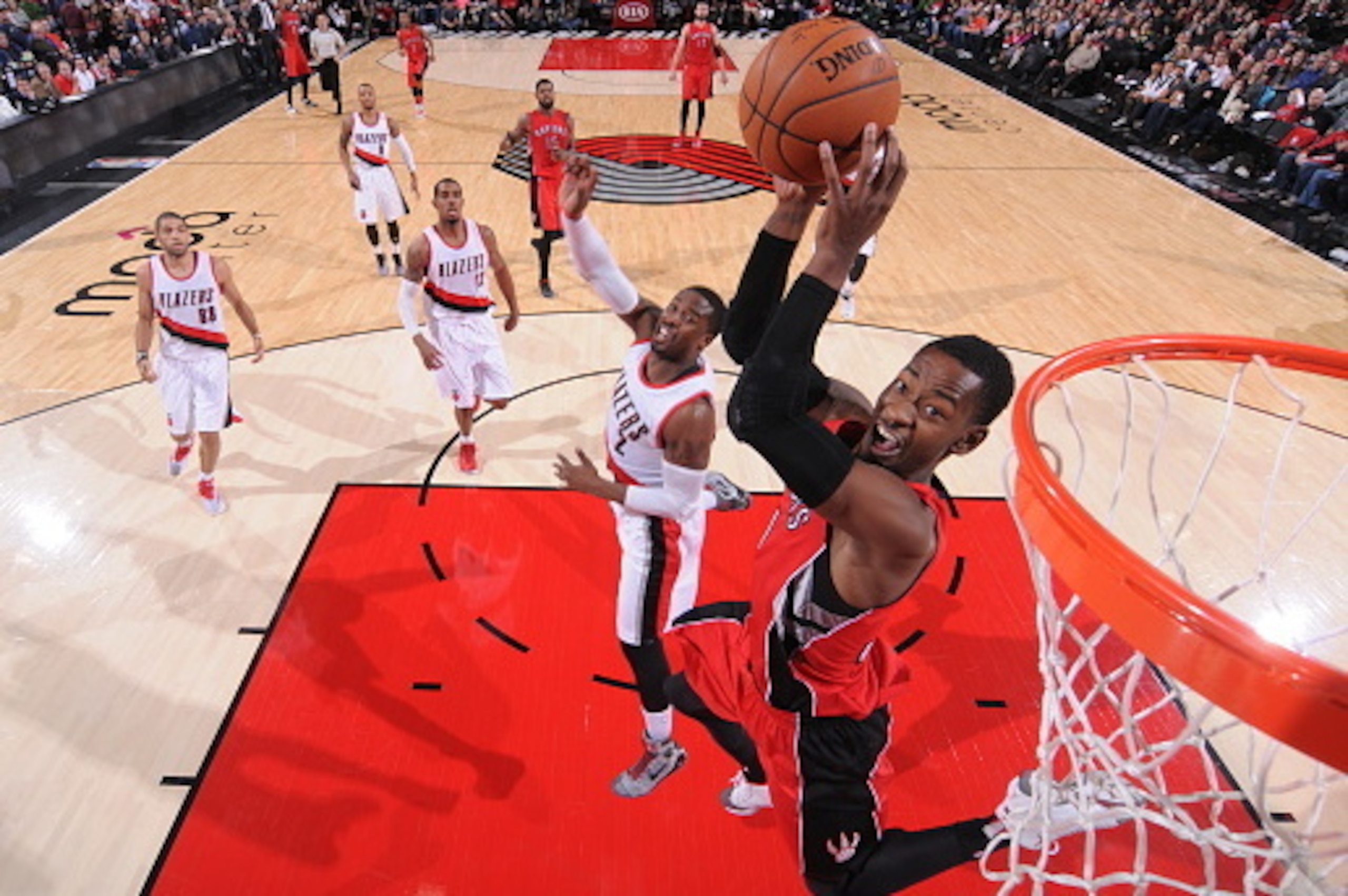 PORTLAND, OR - DECEMBER 30:  Terrence Ross #31 of the Toronto Raptors goes up for a dunk against the Portland Trail Blazers during the game on December 30, 2014 at the Moda Center in Portland, Oregon. NOTE TO USER: User expressly acknowledges and agrees t