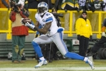 Dec 28, 2014; Green Bay, WI, USA; Detroit Lions wide receiver Calvin Johnson (81) catches a touchdown pass during the third quarter against the Green Bay Packers at Lambeau Field.  Green Bay won 30-20.  Mandatory Credit: Jeff Hanisch-USA TODAY Sports