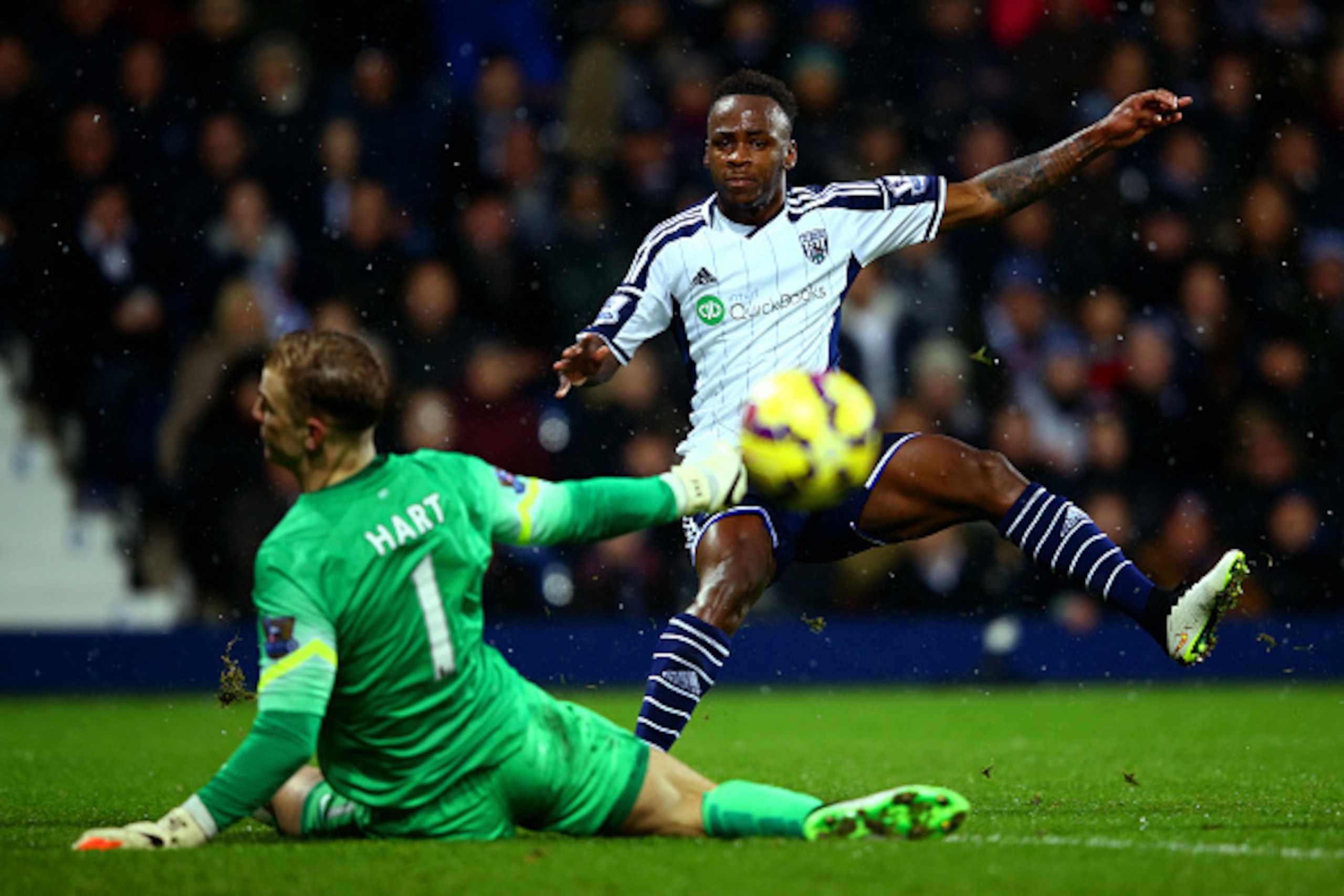 WEST BROMWICH, ENGLAND - DECEMBER 26:  Saido Berahino of West Brom shoots past Joe Hart of Manchester City but fails to hit the target during the Barclays Premier League match between West Bromwich Albion and Manchester City at The Hawthorns on December 2