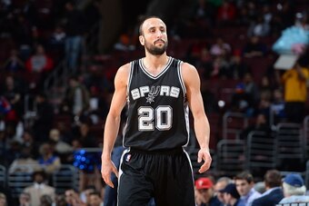 PHILADELPHIA, PA - DECEMBER 1:  Manu Ginobili #20 of the San Antonio Spurs during the game against the Philadelphia 76ers on December 1, 2014 at the Wells Fargo Center in Philadelphia, Pennsylvania.  NOTE TO USER: User expressly acknowledges and agrees th