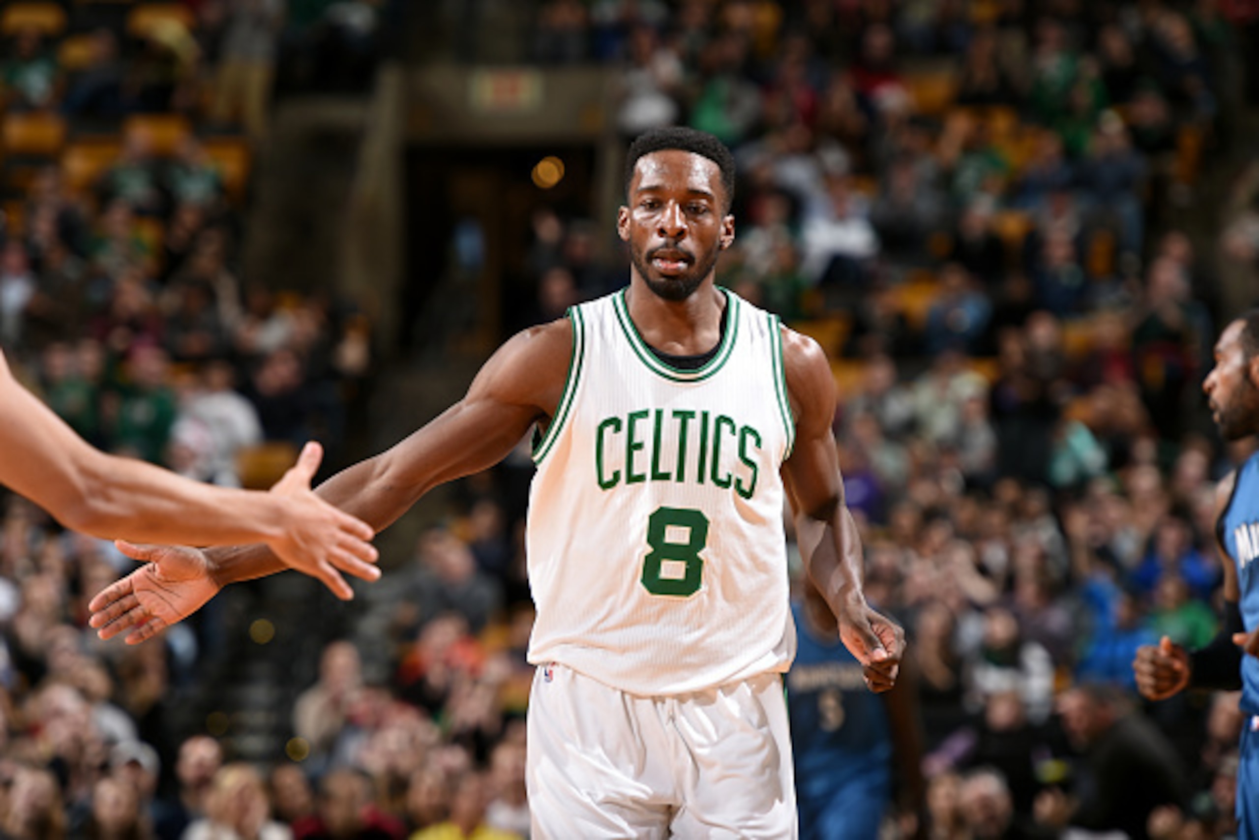 BOSTON, MA - DECEMBER 19: Jeff Green #8 of the Boston Celtics celebrates during a game against the Minnesota Timberwolves on December 19, 2014 at the TD Garden in Boston, Massachusetts. NOTE TO USER: User expressly acknowledges and agrees that, by downloa