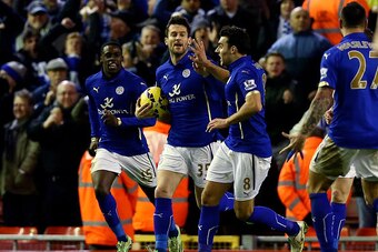 LIVERPOOL, ENGLAND - JANUARY 01:  David Nugent of Leicester City celebrates after scoring his team's first goal during the Barclays Premier League match between Liverpool and Leicester City at Anfield on January 1, 2015 in Liverpool, England.  (Photo by C