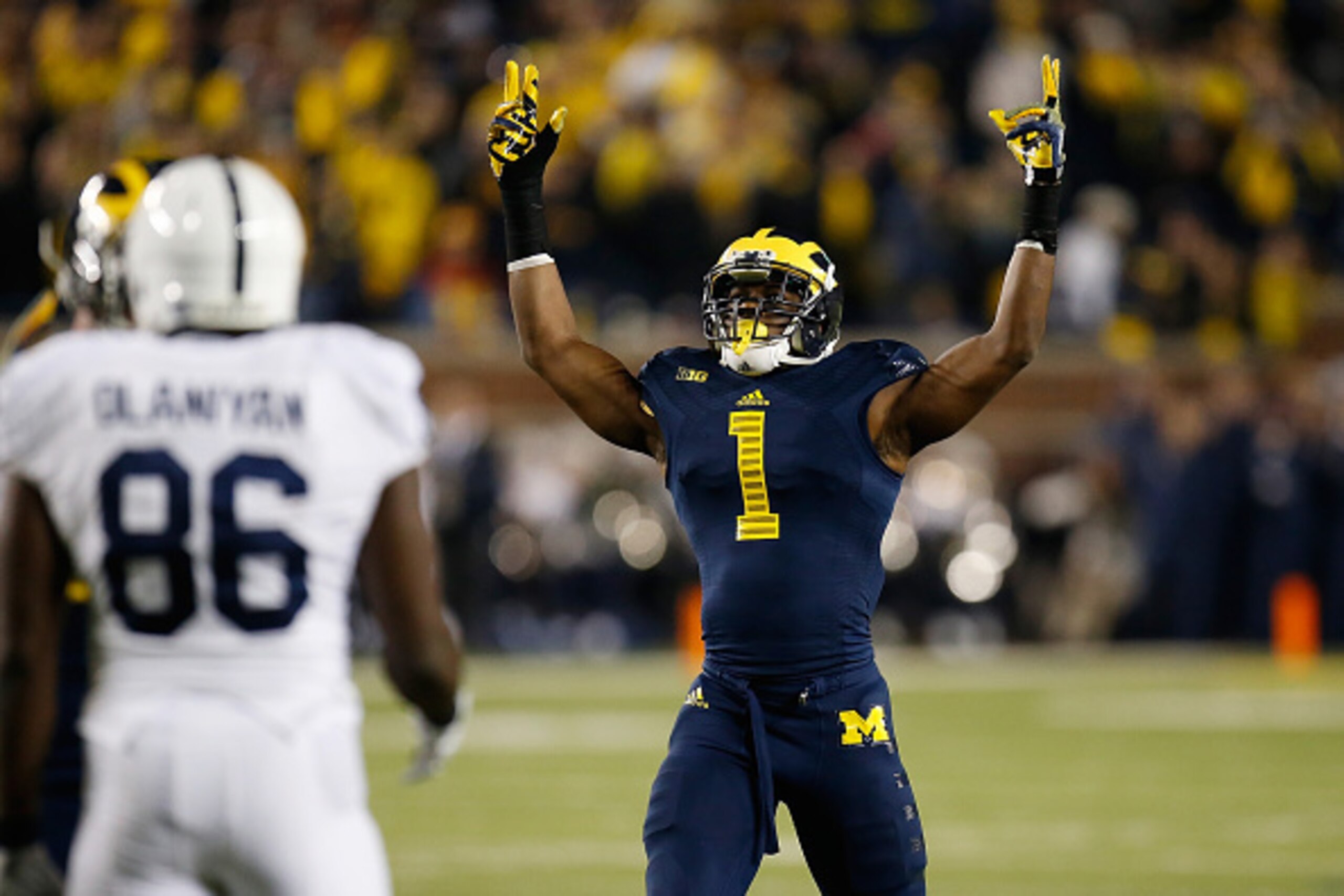 ANN ARBOR, MI - OCTOBER 11:  Devin Funchess #1 of the Michigan Wolverines celebrates a 18-13 win over the Penn State Nittany Lions on October 11, 2014 at Michigan Stadium in Ann Arbor, Michigan.  (Photo by Gregory Shamus/Getty Images)