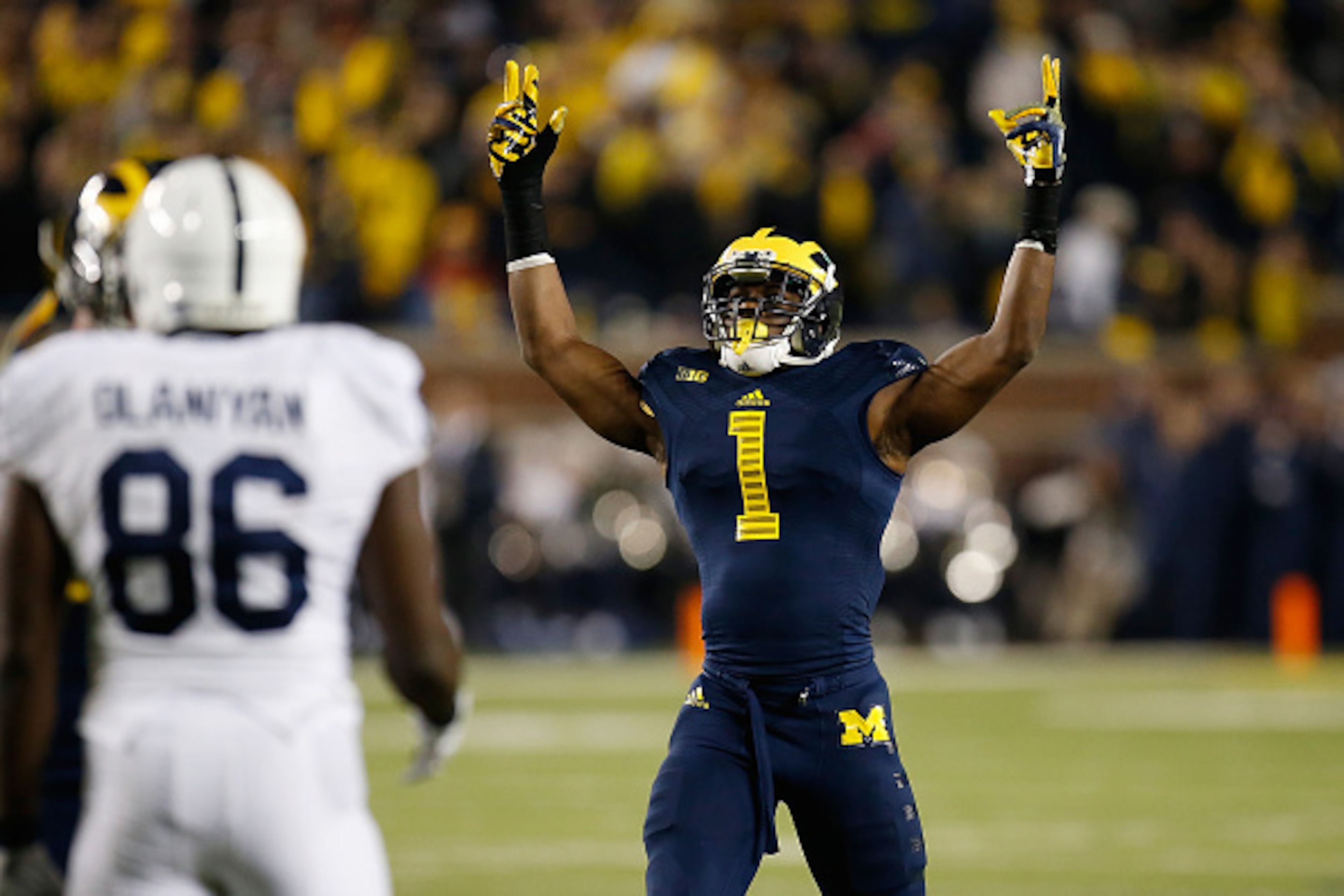 ANN ARBOR, MI - OCTOBER 11: Devin Funchess #1 of the Michigan Wolverines celebrates a 18-13 win over the Penn State Nittany Lions on October 11, 2014 at Michigan Stadium in Ann Arbor, Michigan. (Photo by Gregory Shamus/Getty Images) ANN ARBOR, MI - OCTOBER 11: Devin Funchess #1 of the Michigan Wolverines celebrates a 18-13 win over the Penn State Nittany Lions on October 11, 2014 at Michigan Stadium in Ann Arbor, Michigan. (Photo by Gregory Shamus/Getty Images)