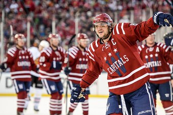 WASHINGTON, DC - JANUARY 01:  Alex Ovechkin #8 of the Washington Capitals reacts after Troy Brouwer #20 (not pictured) scored the game winning goal against the Chicago Blackhawks during the 2015 Bridgestone NHL Winter Classic on January 1, 2015 in Washing