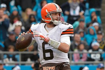 CHARLOTTE, NC - DECEMBER 21:  Brian Hoyer #6 of the Cleveland Browns drops back to pass against the Carolina Panthers during their game at Bank of America Stadium on December 21, 2014 in Charlotte, North Carolina. The Panthers won 17-13.  (Photo by Grant 