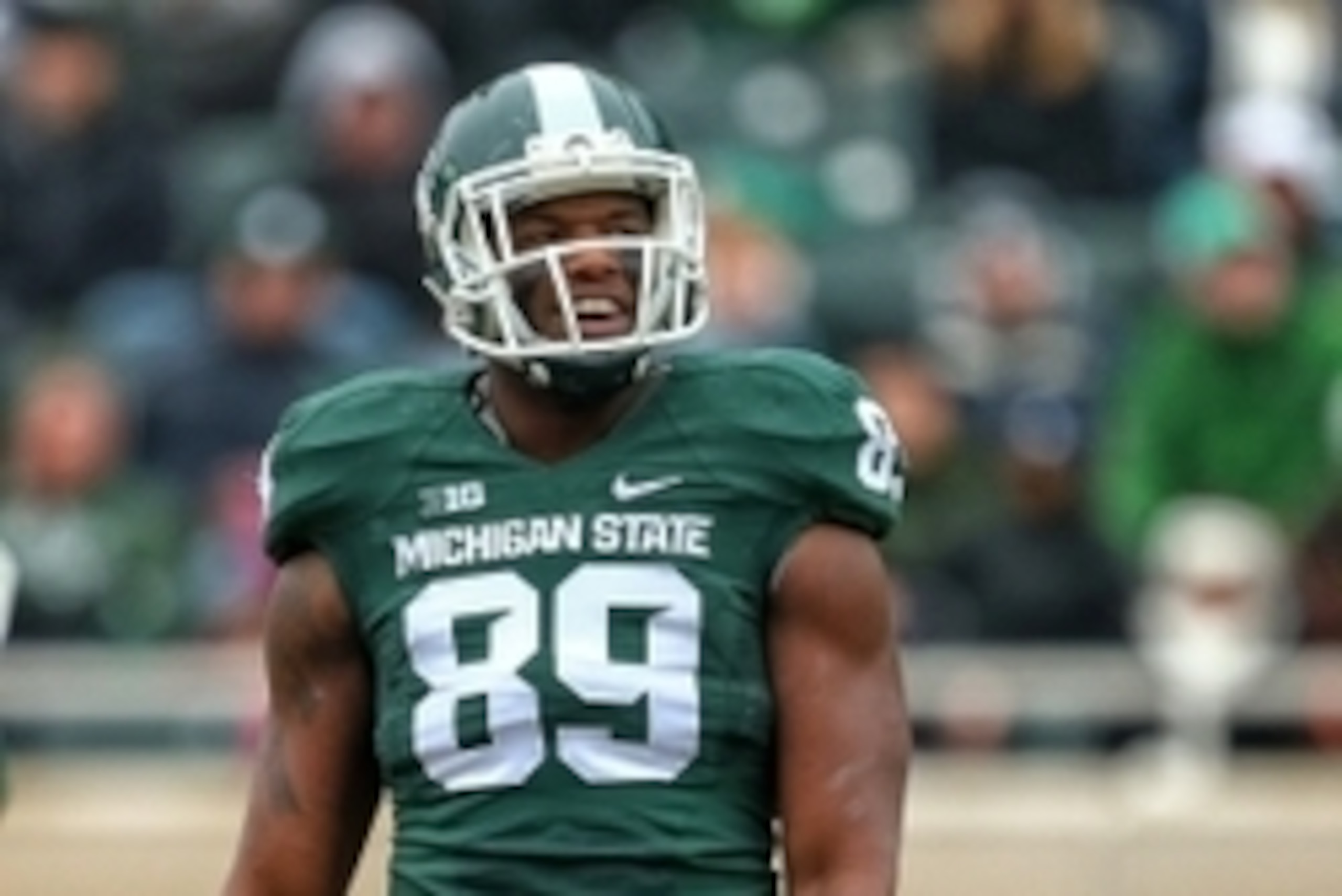 Nov 22, 2014; East Lansing, MI, USA; Michigan State Spartans defensive end Shilique Calhoun (89) stands on the field between plays during the 2nd half of a game against the Rutgers Scarlet Knights at Spartan Stadium. Mandatory Credit: Mike Carter-USA TODA