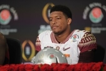 Jan 1, 2015; Pasadena, CA, USA; Florida State Seminoles quarterback Jameis Winston (5) during the post-game press conference after the 2015 Rose Bowl college football game at Rose Bowl. Oregon Ducks defeated Florida State Seminoles 59-20. Mandatory Credit